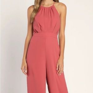 Lulu’s Dusty Rose Wide-leg Sleeveless HalterJumpsuit Large